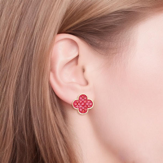 Studs Pink Rhinestone Quatrefoil Clover Earrings