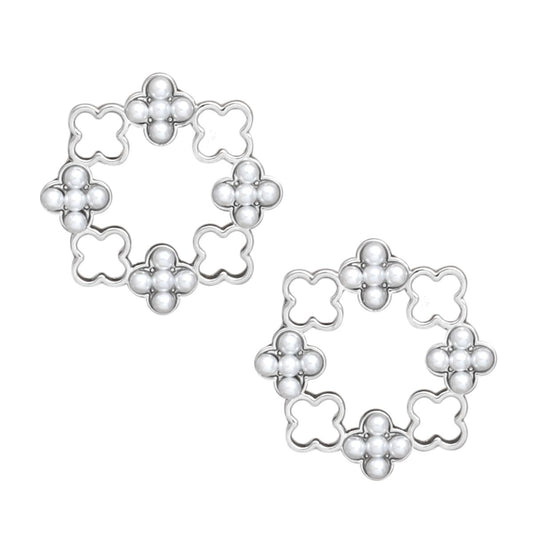 Stud Silver Clover Wreath Pearl Earrings for Women