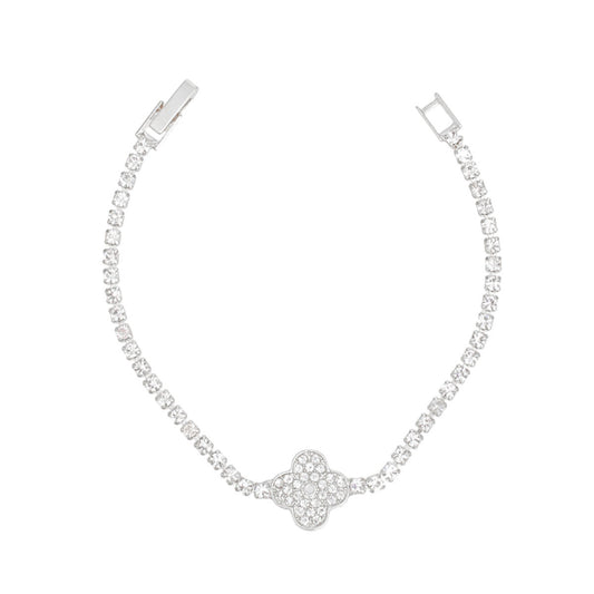 Tennis Bracelet Silver Pave Quatrefoil Clover