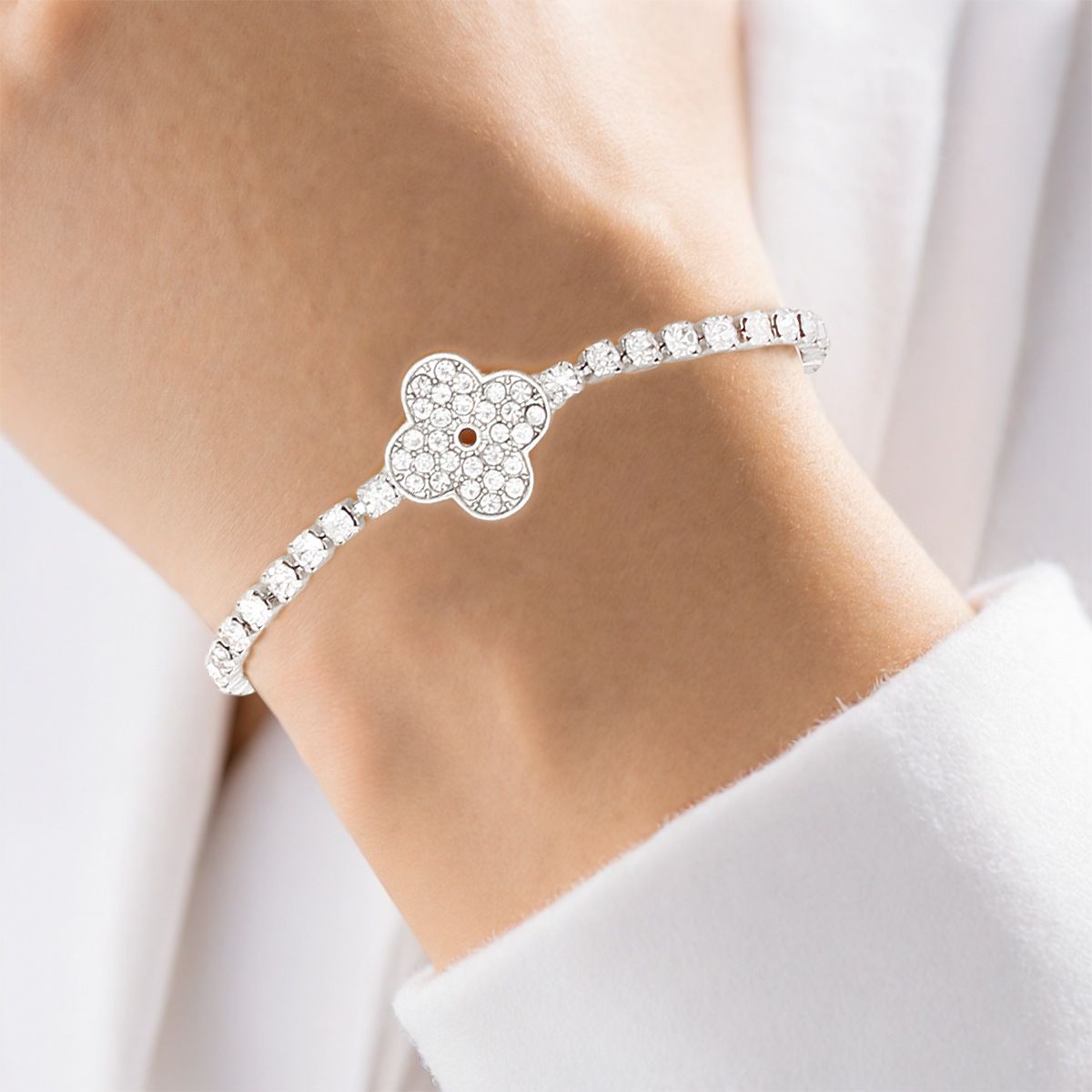 Tennis Bracelet Silver Pave Quatrefoil Clover