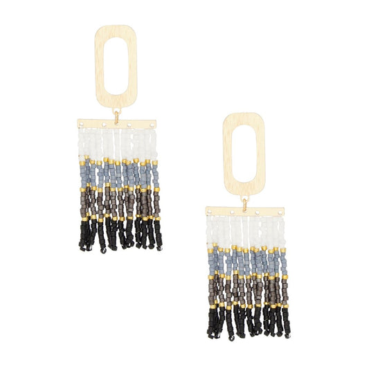 Tassel Rectangle White to Black Seed Bead Earrings