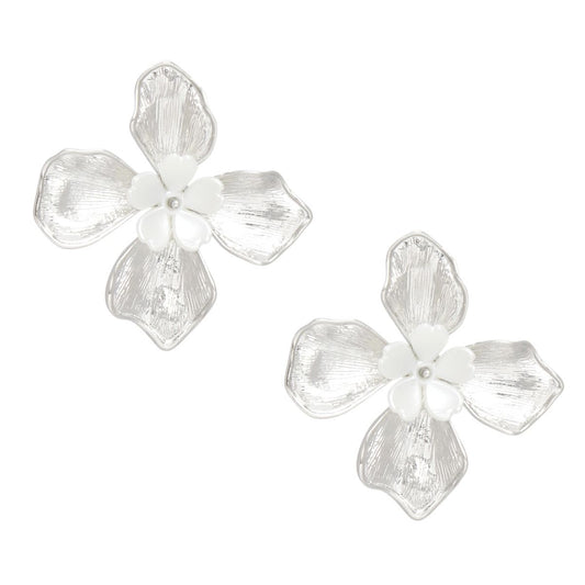 Studs Silver Pearl Layered Petal Flower Earrings