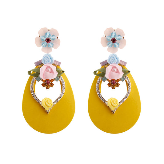 Yellow Teardrop Earrings - Rhinestone & Flower